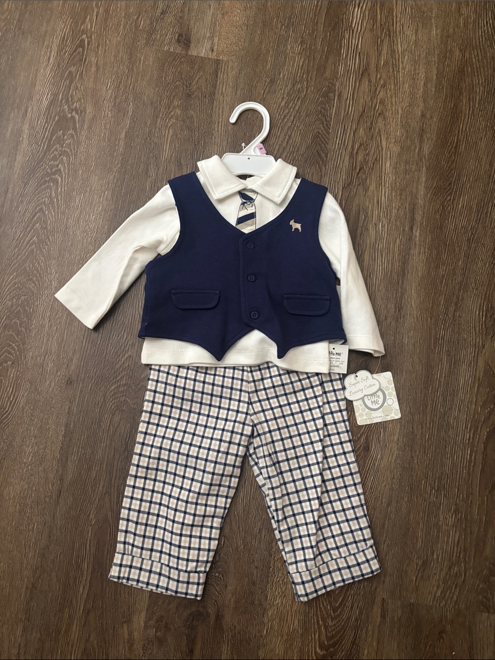NWT Adorable, preppy Little Me Navy Vest and Cream Shirt with Blue Plaid Pants